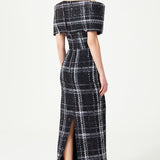 Black & White Plaid Sequin Embellished Tweed Royal Neckline Maxi Dress