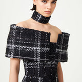 Black & White Plaid Sequin Embellished Tweed Royal Neckline Maxi Dress