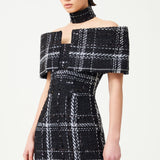 Black & White Plaid Sequin Embellished Tweed Royal Neckline Maxi Dress