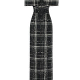 Black & White Plaid Sequin Embellished Tweed Royal Neckline Maxi Dress