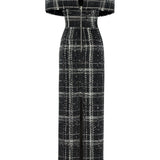 Black & White Plaid Sequin Embellished Tweed Royal Neckline Maxi Dress