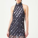 Anthracite Handmade Knitted Sequin Embroidered Halter Neck Backless Mini Dress