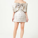 Silver Jacquard Sculptural Royal Neckline Mini Dress With Flower Breast Detail