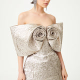 Silver Jacquard Sculptural Royal Neckline Mini Dress With Flower Breast Detail