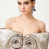 Silver Jacquard Sculptural Royal Neckline Mini Dress With Flower Breast Detail