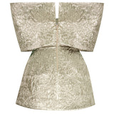 Silver Jacquard Sculptural Royal Neckline Mini Dress With Flower Breast Detail