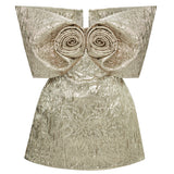 Silver Jacquard Sculptural Royal Neckline Mini Dress With Flower Breast Detail