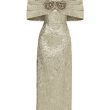 Silver Jacquard Royal Neckline Ankle Length Dress With Flower Breast Detail