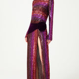 Multi Color Pailletted Dress With Draped Waist And Velvet Rose Detail