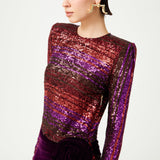 Multi Color Pailletted Dress With Draped Waist And Velvet Rose Detail