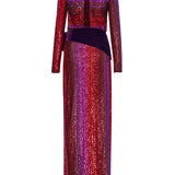 Multi Color Pailletted Dress With Draped Waist And Velvet Rose Detail