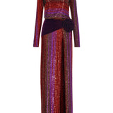 Multi Color Pailletted Dress With Draped Waist And Velvet Rose Detail