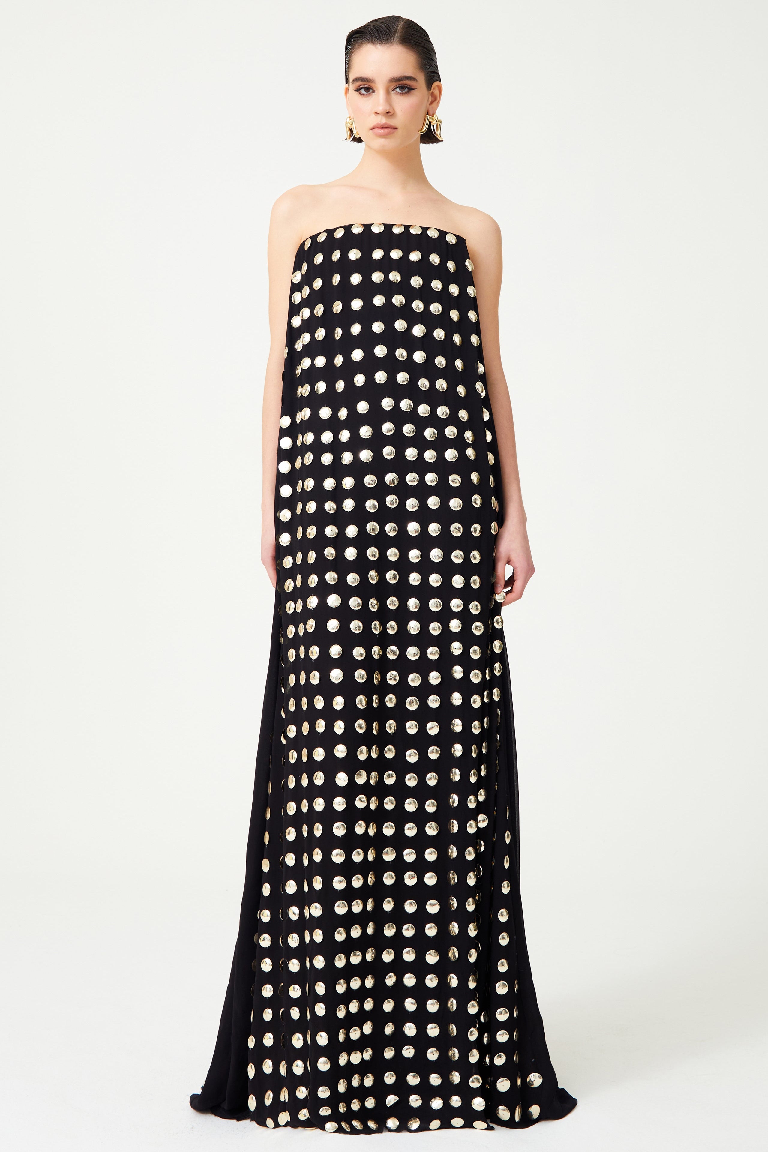 FW24-D-1040-Black-34 raisa_vanessa black-handmade-gold-polka-dot-detailed-silk-chiffon-maxi-dress