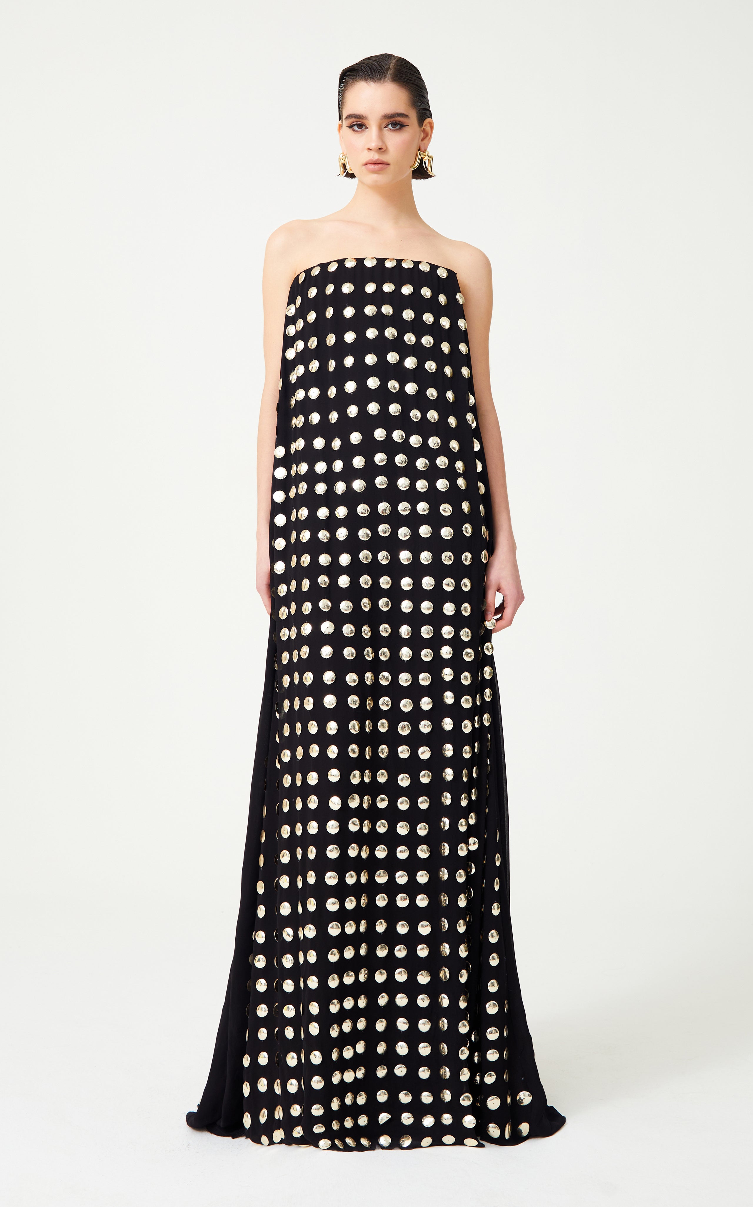 FW24-D-1040-Black-34 raisa_vanessa black-handmade-gold-polka-dot-detailed-silk-chiffon-maxi-dress