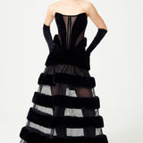 Strapless Corseted Black Fur And Silk Velvet Detailed Maxi Dress