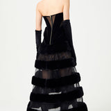 Strapless Corseted Black Fur And Silk Velvet Detailed Maxi Dress