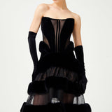 Strapless Corseted Black Fur And Silk Velvet Detailed Maxi Dress