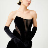 Strapless Corseted Black Fur And Silk Velvet Detailed Maxi Dress