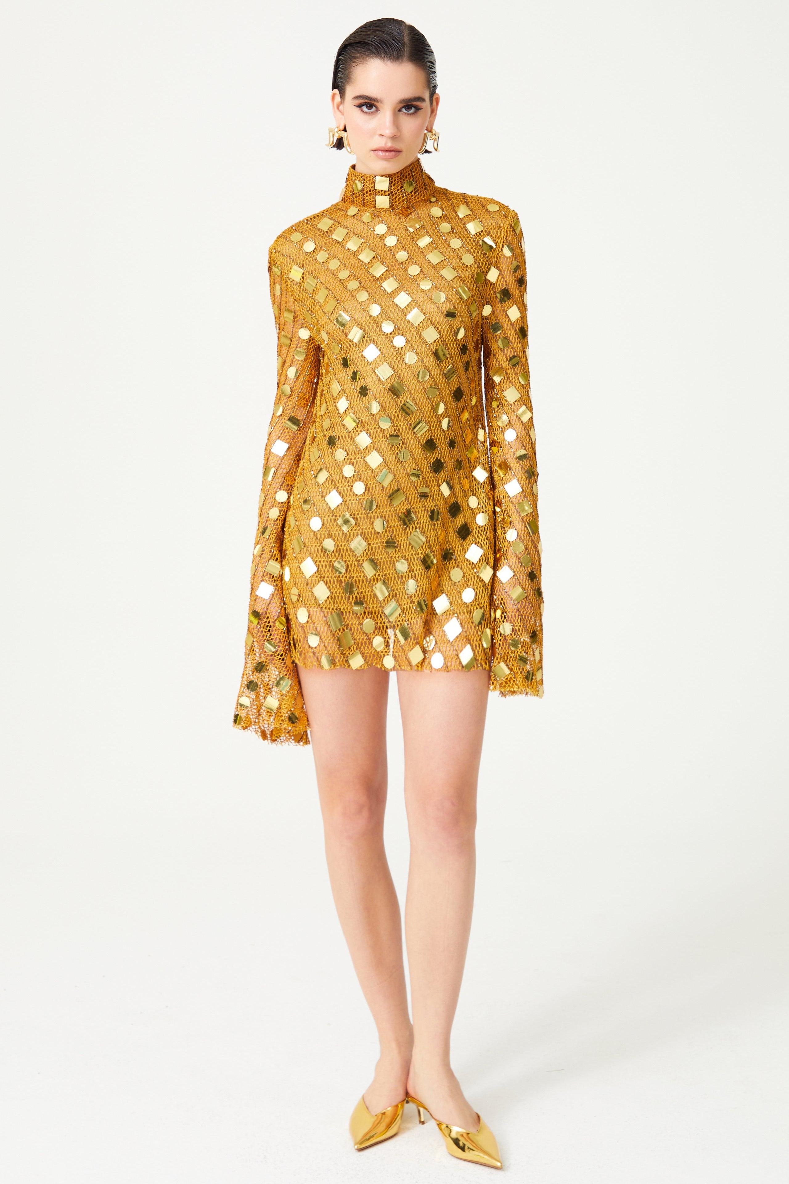FW24-D-1042-Gold-34 raisa_vanessa gold-handmade-knitted-sequin-embroidered-high-neck-mini-dress-with-flare-sleeves