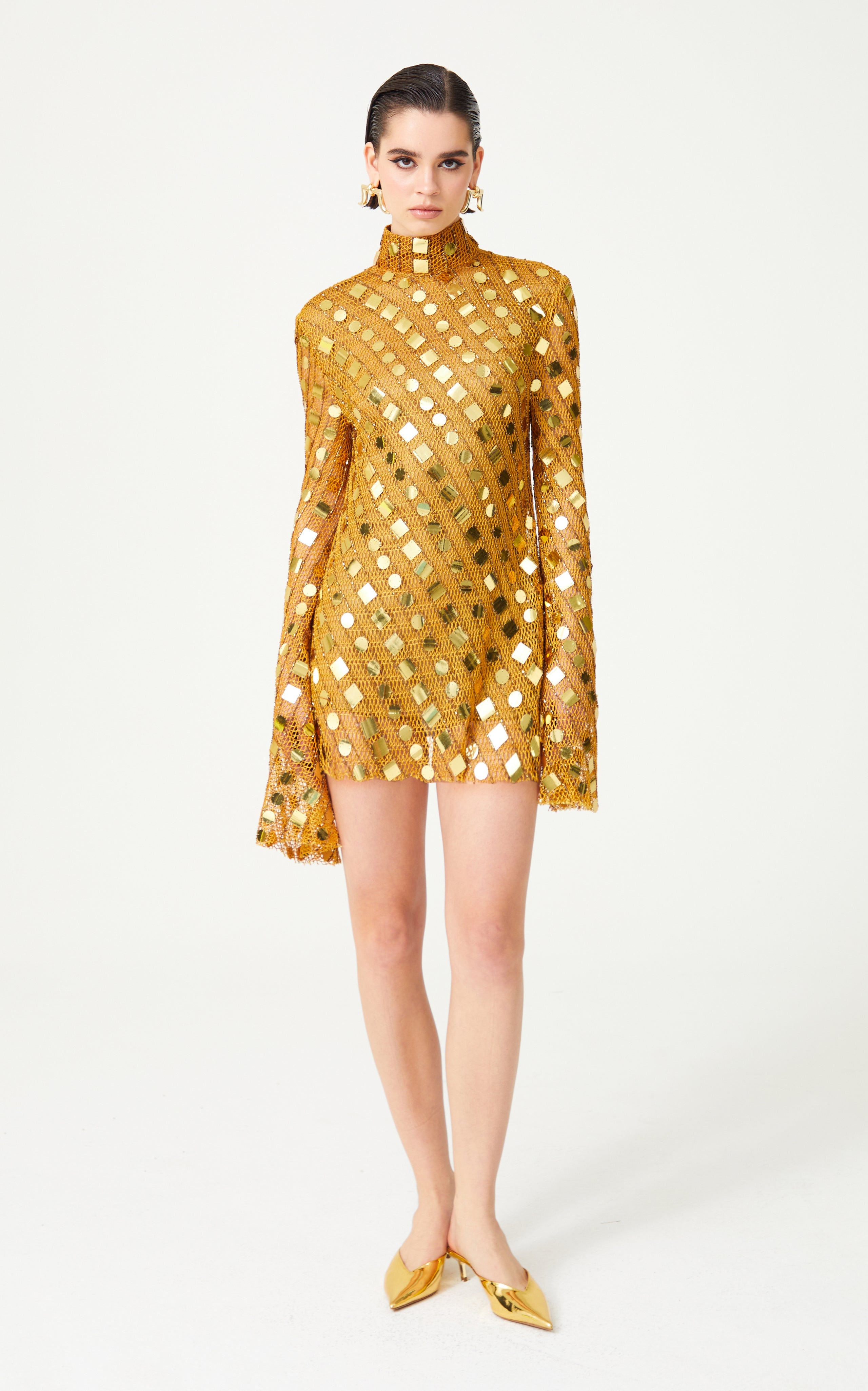 FW24-D-1042-Gold-34 raisa_vanessa gold-handmade-knitted-sequin-embroidered-high-neck-mini-dress-with-flare-sleeves