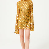 Gold Handmade Knitted Sequin Embroidered High Neck Mini Dress With Flare Sleeves