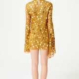 Gold Handmade Knitted Sequin Embroidered High Neck Mini Dress With Flare Sleeves