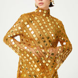 Gold Handmade Knitted Sequin Embroidered High Neck Mini Dress With Flare Sleeves