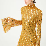 Gold Handmade Knitted Sequin Embroidered High Neck Mini Dress With Flare Sleeves