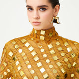 Gold Handmade Knitted Sequin Embroidered High Neck Mini Dress With Flare Sleeves