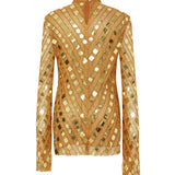 Gold Handmade Knitted Sequin Embroidered High Neck Mini Dress With Flare Sleeves