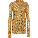 Gold Handmade Knitted Sequin Embroidered High Neck Mini Dress With Flare Sleeves