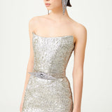 Silver Strapless Jacquard Ankle Length Dress With Art Deco Buckle Belt Detail