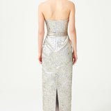 Silver Strapless Jacquard Ankle Length Dress With Art Deco Buckle Belt Detail