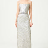 Silver Strapless Jacquard Ankle Length Dress With Art Deco Buckle Belt Detail