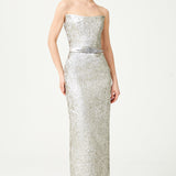 Silver Strapless Jacquard Ankle Length Dress With Art Deco Buckle Belt Detail