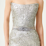 Silver Strapless Jacquard Ankle Length Dress With Art Deco Buckle Belt Detail