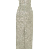 Silver Strapless Jacquard Ankle Length Dress With Art Deco Buckle Belt Detail