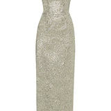 Silver Strapless Jacquard Ankle Length Dress With Art Deco Buckle Belt Detail