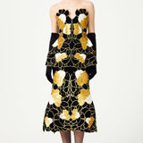 Gold Flower Brouded Jaquard Midi Dress