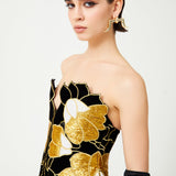 Gold Flower Brouded Jaquard Midi Dress