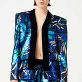 Flower Patterned Sequin Woven Lycra Jacket With Velvet Collar