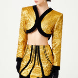 Gold Art-Deco Styled Black Velvet Brouded Mini Skirt