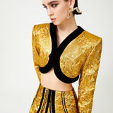 Gold Art-Deco Styled Black Velvet Brouded Mini Skirt