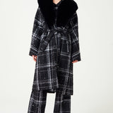 Black & White Plaid Sequin Embellished Tweed Coat With Removable Fur Collar