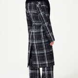 Black & White Plaid Sequin Embellished Tweed Coat With Removable Fur Collar