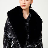 Black & White Plaid Sequin Embellished Tweed Coat With Removable Fur Collar