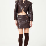 Fully Embroidered Brown Mini Leather Skirt