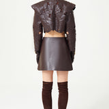 Fully Embroidered Brown Mini Leather Skirt