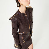 Fully Embroidered Brown Leather Jacket With Gold Button Details On Shoulders