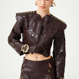 Fully Embroidered Brown Leather Jacket With Gold Button Details On Shoulders